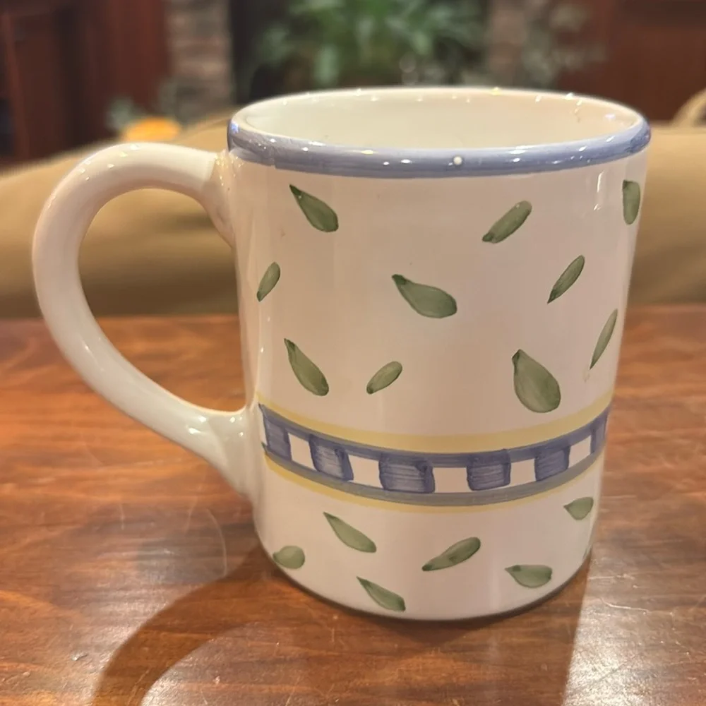 NWOT Vintage Williams Sonoma Blue Green Painted White Mug Cottagecore Made Italy